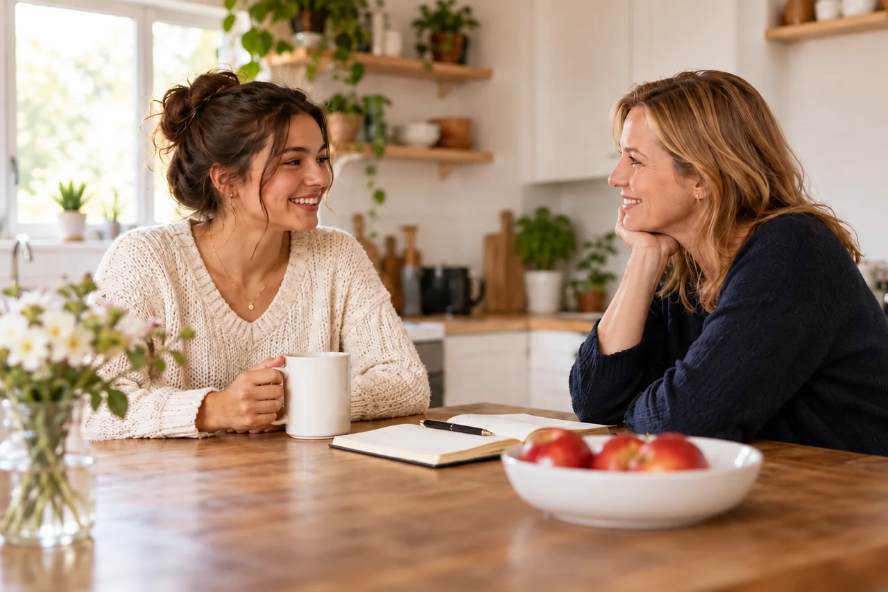 An au pair and host parent having a supportive conversation